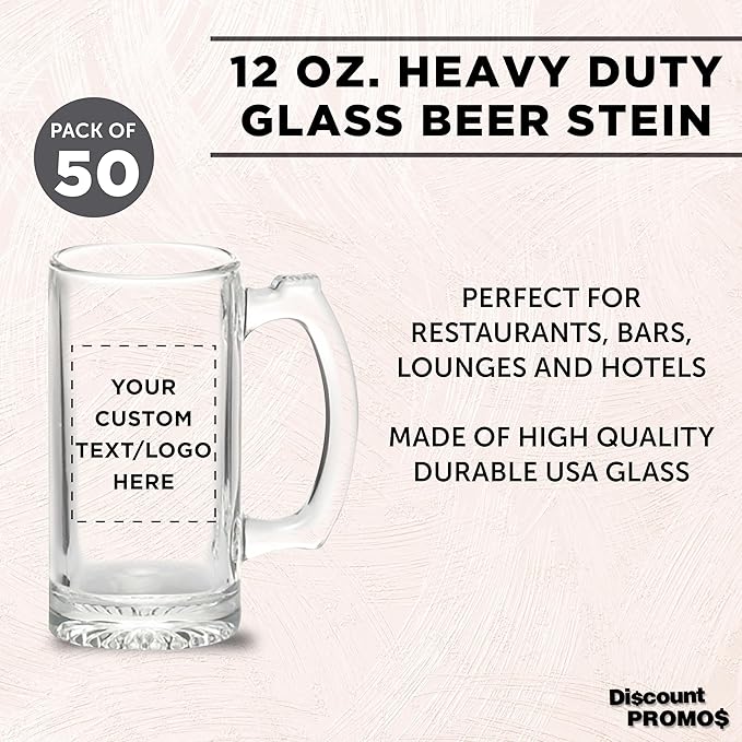 50 Libbey Beer Mugs Set, 12 oz. - Customizable Text, Logo - Groomsmen Glassware - Clear