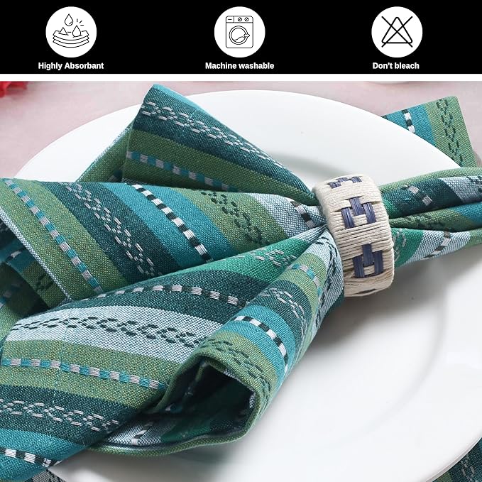 Bedding Craft Cotton Cloth Dinner Napkins Set of 12 – 18x18 Green Multi Salsa Stripe – Durable Machine Washable Fabric Napkins for Weddings, Restaurants, Kitchen & Everyday Dining