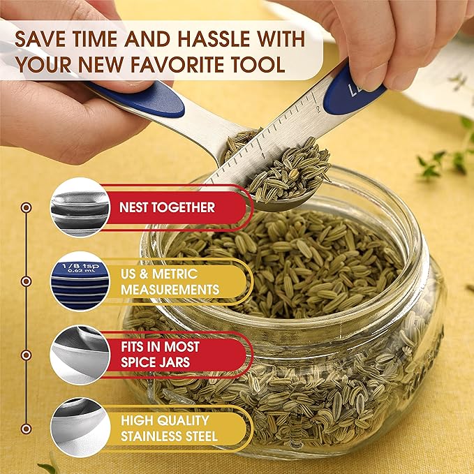 Spring Chef Stainless Steel Magnetic Measuring Spoons Set of 8 with Leveler, Heavy Duty Teaspoon & Tablespoon Measuring Spoons With Strong N45 Magnets, Kitchen Gadgets for Baking & Cooking - Sapphire