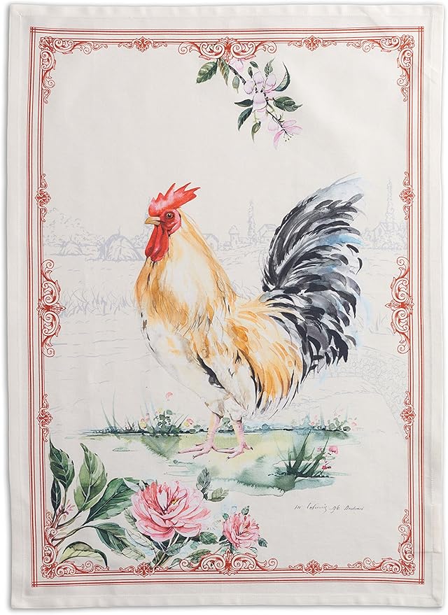 100% Cotton Kitchen Towel Campagne Maison d' Hermine Set of 2 Super Soft Highly Absorbent Hotel Quality Quick Drying Cleaning Dishcloth Tea Bar Towels Spring/Summer (Coq, 20"x27.50")