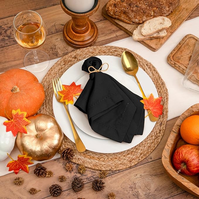Blue Needles Set of 12 Hemstitch Linen Napkins 100% Cotton Black Cloth Dinner Napkins 18x18 inches, Soft, Reusable, Absorbent, Washable, Ideal for Fall Thanksgiving Events, Parties & Everyday Use