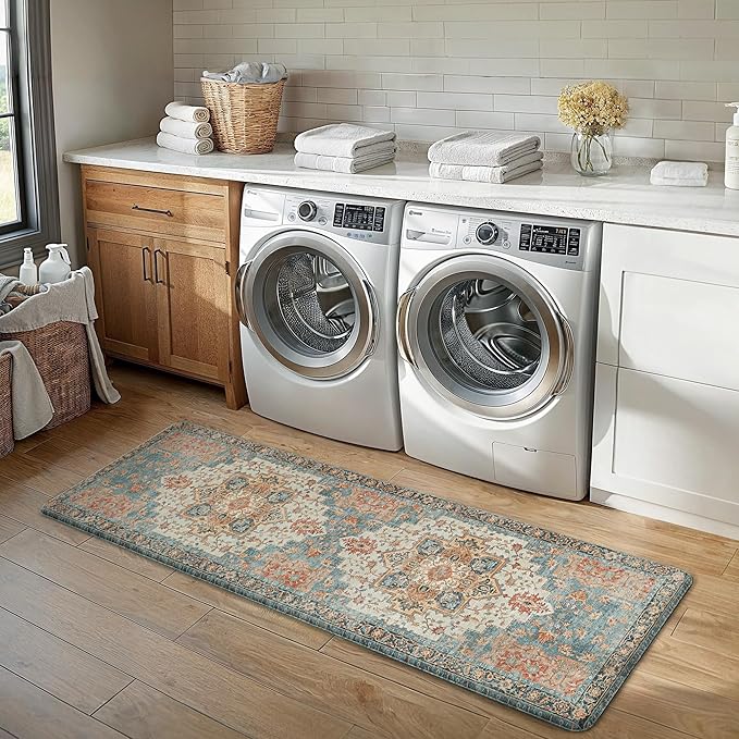 GENIMO Kitchen Mats for Floor, Washable Anti Fatigue Mat for Cushioned, 23.6"x71", Waterproof Kitchen Rugs, Non Slip Comfort Standing Mat Rug for Home, Sink, Laundry, Blue&Salmon