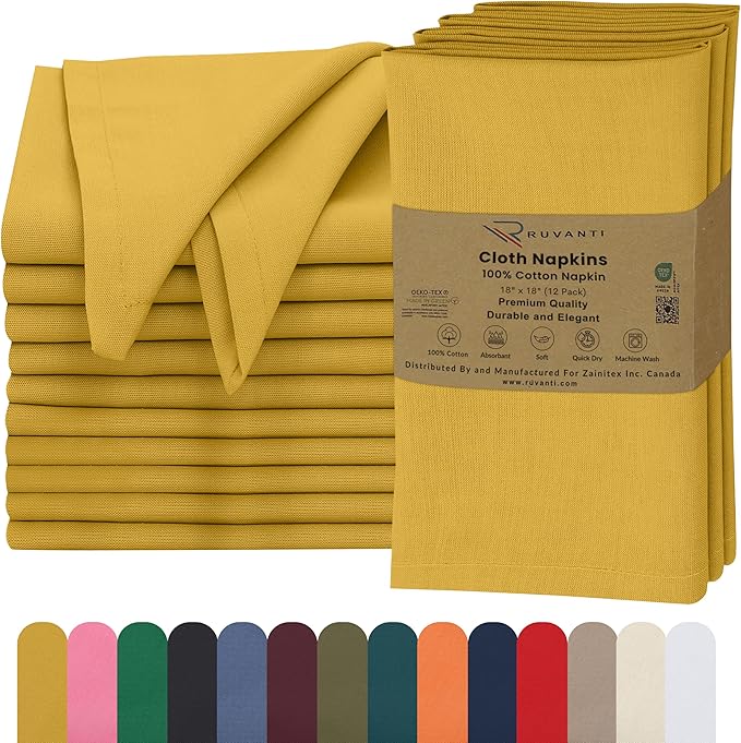 Ruvanti Cloth Napkins Set of 12, 18x18 Inches, 100% Cotton, Washable, Soft & Absorbent, Perfect for Wedding, Christmas, ‎Thanksgiving Dinners - Spicy Mustard