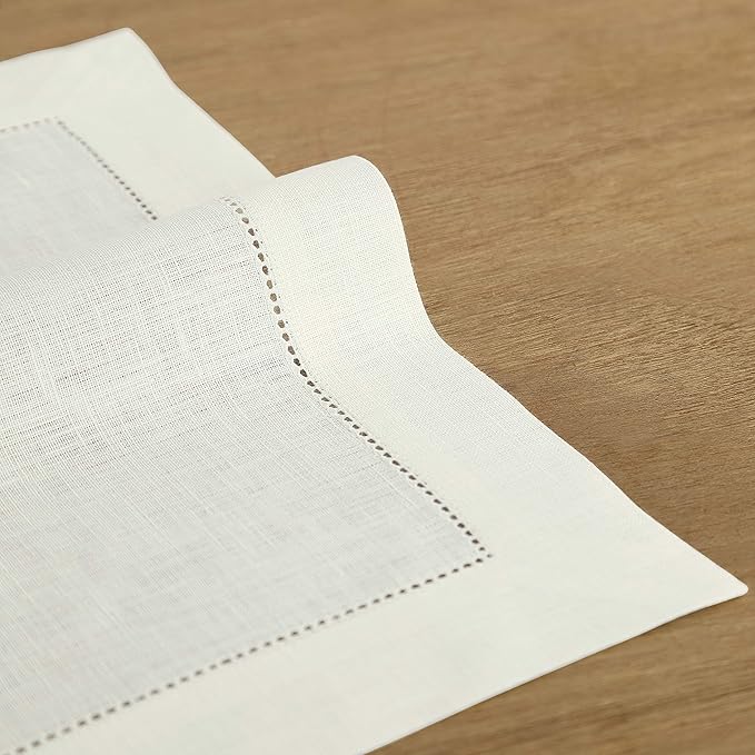 Solino Home Linen Placemats Set of 4 - Classic Hemstitch Ivory Placemats 14 x 19 Inch - 100% Pure Linen Table Mats for Fall, Autumn, Thanksgiving, Christmas, Holiday