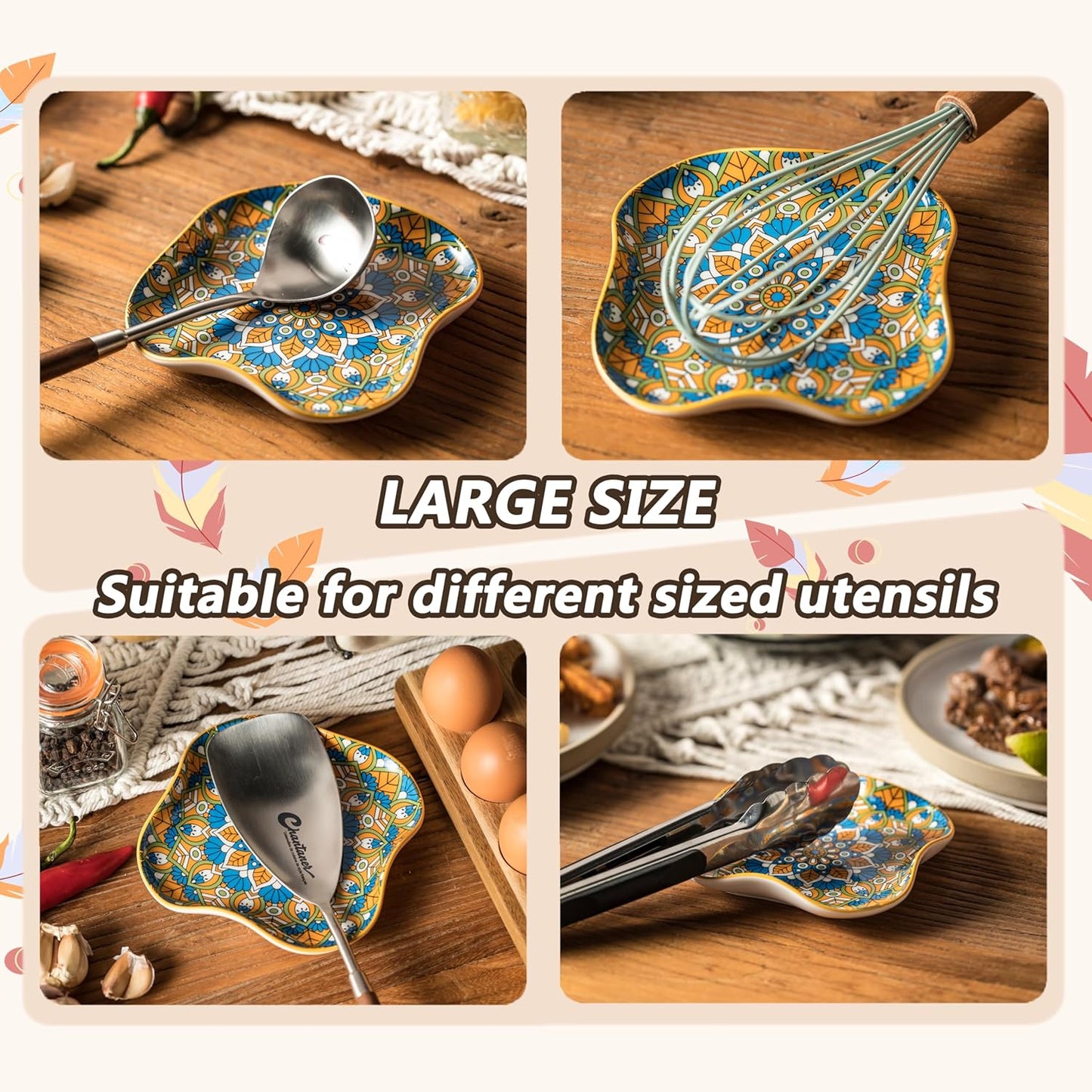 Spoon Rest for Stove Top, Ceramic Spoon Holder for Kitchen Countertop, Coffee Spoon Rest, Large Cooking Spatula Holder for Spoons, Ladles or Tongs, Bohemian Decor, Orange-colored boho Style