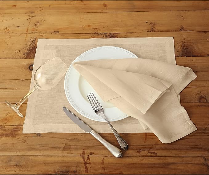 Solino Home Linen Beige Placemats Set of 4 - 100% Pure Linen Placemats 14 x 19 Inch for Fall, Autumn, Thanksgiving, Christmas - Fete