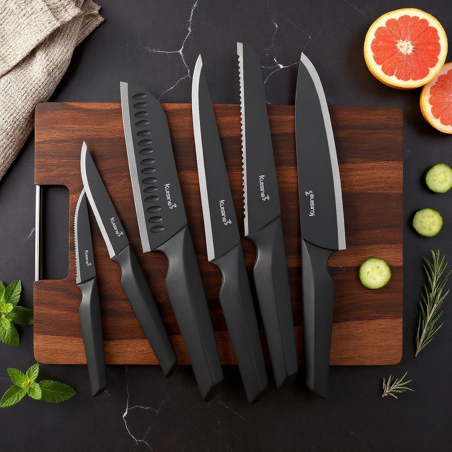 KUISINE Chef Knife Set One Piece Molding High Carbon Stainless Steel,Super Sharp Blade Ergonomic Steel Handle,Knife Block Set with Built-in Sharpener(EX Black Pro,15PCS)