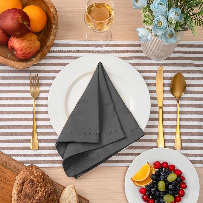 Blue Needles Set of 12 Hemstitch Linen Napkins 100% Cotton Grey Cloth Dinner Napkins 18x18 inches, Soft, Reusable, Absorbent, Washable, Ideal for Fall Thanksgiving Events, Parties & Everyday Use