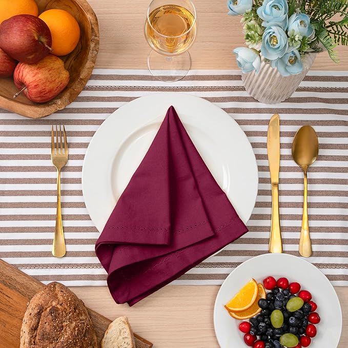 Blue Needles Set of 12 Hemstitch Linen Napkins 100% Cotton Burgundy Cloth Dinner Napkins 18x18 inches, Soft, Reusable, Absorbent, Washable, Ideal for Fall Thanksgiving Events, Parties & Everyday Use