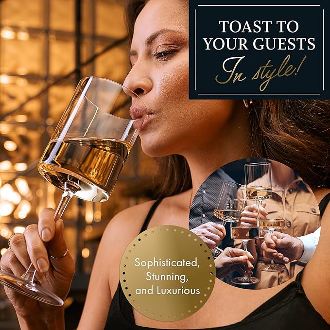 Square Wine Glasses Set of 4 - 14 oz - Crystal Wine Glass Set in Gift Packaging - Large Red Wine Glass on Long Stem - Housewarming Gifts New Home - Glasses Drinking Set - For White & Red Wine