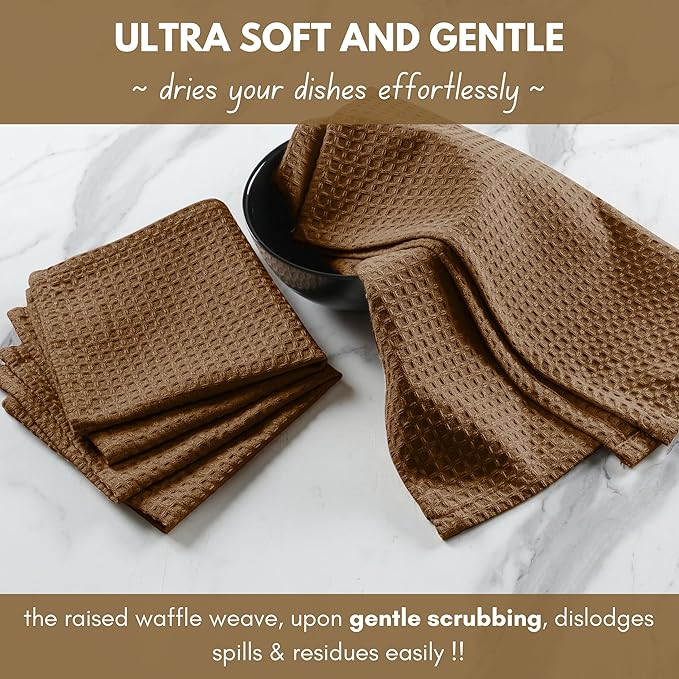 Native Fab Waffle 12 Pack Dish Cloths - 100% Cotton, Absorbent, Quick Drying, Washable Towels for Cleaning, Cooking & Baking - Ideal for Home, Restaurants, Bars, BBQs - 12 x 12 inches - Brown