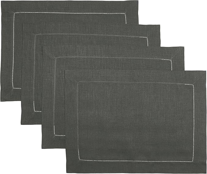 D'Moksha Homes Linen Placemats Set of 4 - Classic Hemstitch Charcoal Grey Placemats 14 x 19 Inch - 100% Pure Linen Table Mats for Thanksgiving, Holiday - Handcrafted and Machine Washable