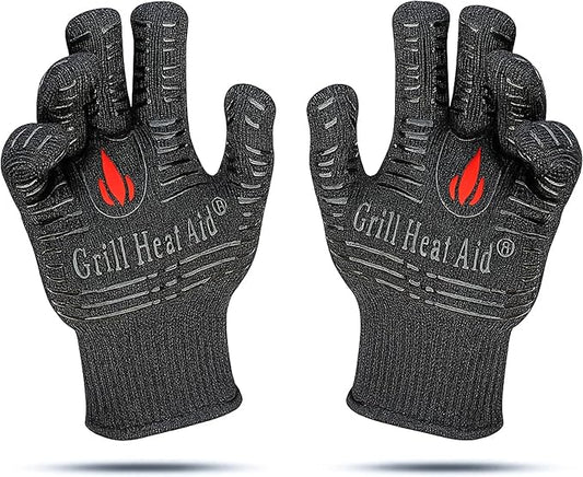 GRILL HEAT AID BBQ Grill Gloves 1472°F - Extreme Heat Resistant Oven Mitts for Grilling, Smoker & Fire Pit with Silicone Grip & EN407 Cut Resistance - Short Cuff, Black