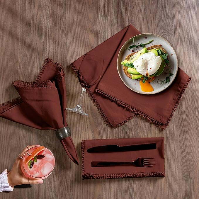 Bedding Craft Cotton Cloth Dinner Napkins Set of 12 – 18x18 Chili Oil with Decorative Lace Selvedge – Reusable Machine Washable Fabric Napkins for Weddings, Baby Showers, Parties & Table Décor