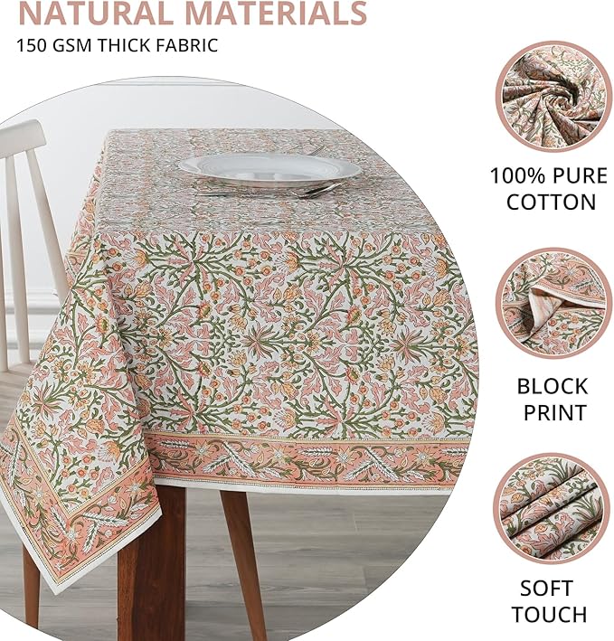 Ridhi Sassy Salmon Pink Hand Block Print Cotton Rectangle Tablecloth 108 x 70 inch-Reusable Table Cover Decorative Everyday Use for Dining Room, Farmhouse, Thanksgiving, Christmas Wedding, Fall