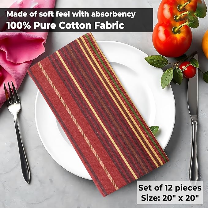 Urban Villa Cloth Napkins Set of 12 20x20 Inches 100% Cotton Napkins Cloth Washable Durable Reusable Absorbent Table Dinner Napkins Cloth for Thanksgiving Hotel Lunch Restaurant Parties –Stripes Print