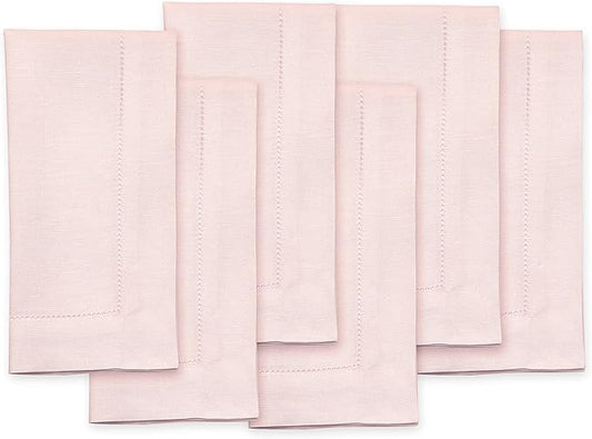 Solino Home Pink Linen Napkins Set of 6-100% Pure Linen Hemstitch Dinner Napkins 20 x 20 Inch - Classic Hemstitch