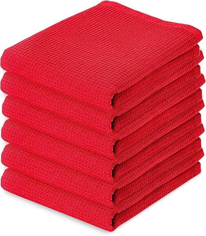 PurpleEssences Waffle Weave Kitchen Towel, 100% Cotton - 15x25 Inches, with Hanging Loop Ultra Soft Absorbent Quick Drying Dish Cloth, Tea and Hand Towels, 6 Pack - Christmas Holiday Winter - Red