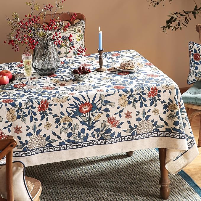 patdrea Designer Blue Tablecloth for Square Tables,Vintage Linen with Leaves and Flowers Pattern Tablecloths,Farmhouse Floral Table Cover Cloth Decor for Kitchen Dining Christmas,67"*67"