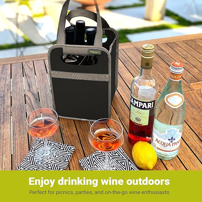 meori Foldable 4 Bottle Wine Tote Lava Black Organize Crate Glass Dividers Stylish Travel Storage Box Liquor Spirits Tastings Grocery Shopping Hostess Gift (A100813)