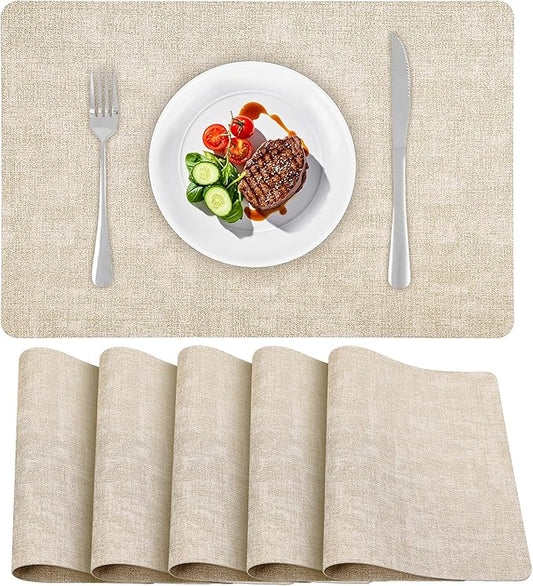 Vinly Placemats Set of 6 - Waterproof Wipeable Faux Leather Table Place Mats Heat Resistant Anti Slip Table Mats for Dining, Indoor, Outdoor, 15.8" x 11.8" (Beige)