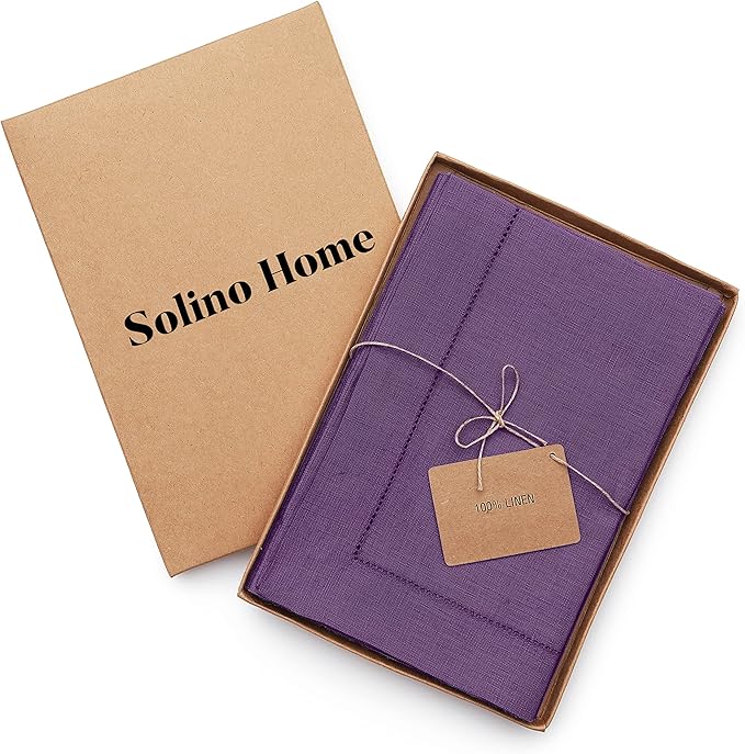Solino Home Purple Linen Napkins Set of 6-100% Pure Linen Hemstitch Dinner Napkins 20 x 20 Inch for Fall, Autumn, Thanksgiving, Christmas - Classic Hemstitch