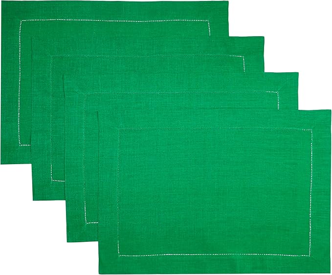 D'Moksha Homes Linen Placemats Set of 4 - Classic Hemstitch Kelly Green Placemats 14 x 19 Inch - 100% Pure Linen Table Mats for Thanksgiving, Christmas, Holiday - Handcrafted and Machine Washable