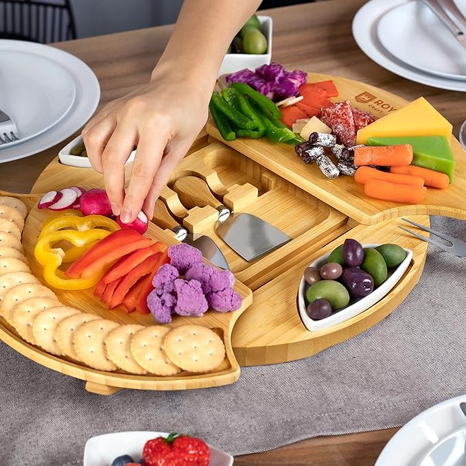 ROYAL CRAFT WOOD Large Round Cheese Board and Knife Set - Charcuterie Board, Bamboo Cheese Board Set, Cheese Tray Set, Wooden Cheese Plate Set 13.7 Inch