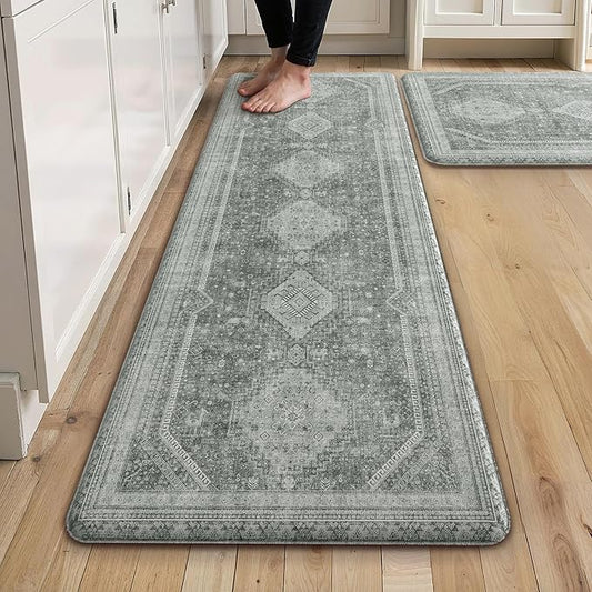GENIMO Kitchen Mats for Floor 2PCs, Washable Anti Fatigue Mat for Cushioned, 17.3"x47"+17.3"x30", Waterproof Kitchen Rugs, Non Slip Comfort Standing Mat Rug for Home, Sink, Laundry, Grey