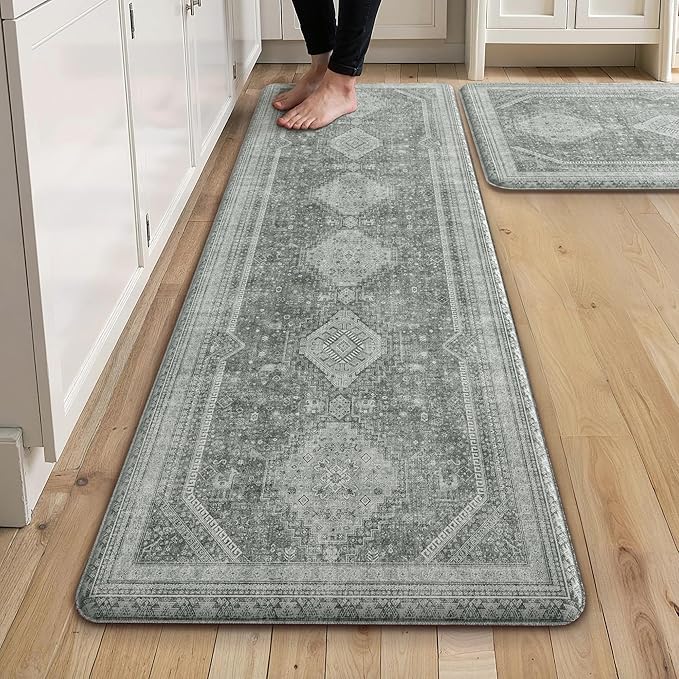 GENIMO Kitchen Mats for Floor 2PCs, Washable Anti Fatigue Mat for Cushioned, 17.3"x59"+17.3"x30", Waterproof Kitchen Rugs, Non Slip Comfort Standing Mat Rug for Home, Sink, Laundry, Grey