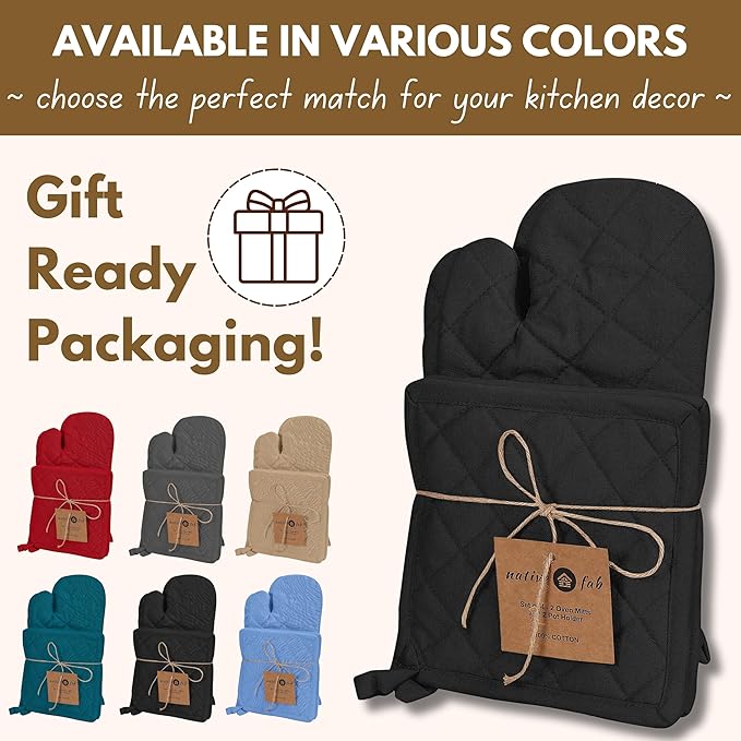 Native Fab Pot Holders and Oven Mitts Sets for Kitchen Heat Resistant - Hanging Non-Slip - 100% Cotton Kitchen Oven Mitts and Pot Holders 4-Piece Set - Black