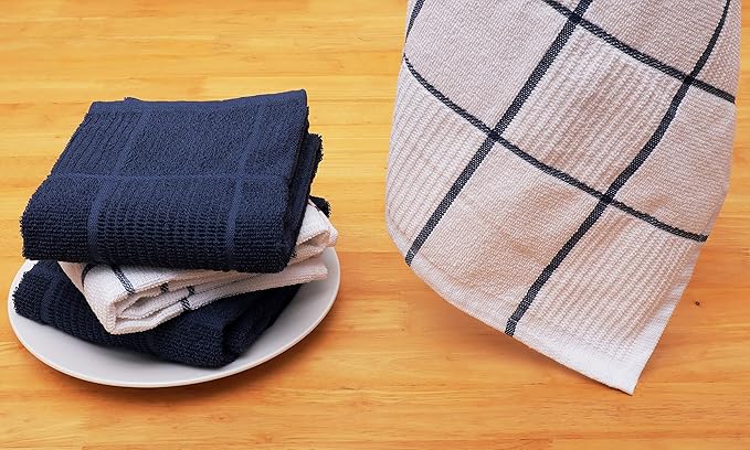 AMOUR INFINI Kitchen Towels Pack of 4 Absorbent, Quick Drying Premium Terry Cotton Dish Towel with Hanging Loop 16x28 Inch Hand & Tea Towels (Blue)