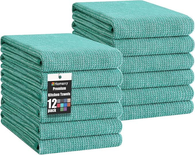 Homaxy Premium Kitchen Towels(18”x 28”, 12 Pack), Large Cotton Kitchen Hand Towels, Flat and Terry Dish Towels, 380 GSM Highly Absorbent Tea Towel Set with Hanging Loop, Teal