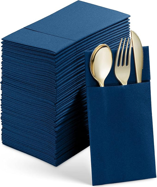 50-Pack Disposable Linen-Feel Dinner Napkins With Built-in Flatware Pocket, BLUE Prefolded Cloth Like Paper Napkins For Wedding, Dinner Or Party