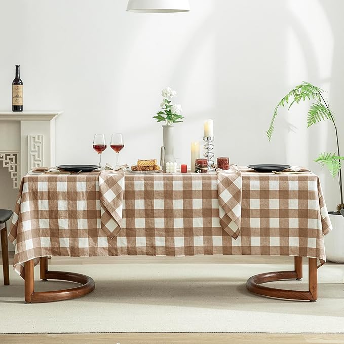 EVERLY 100% Yarn-Dyed Linen Rectangle Tablecloths 60x120Inches for Dining,Buffet Parties,Picnic,Events and Restaurants,Decorative Halloween,Thanksgiving Machine Washable Tablecloths-Brown Plaid