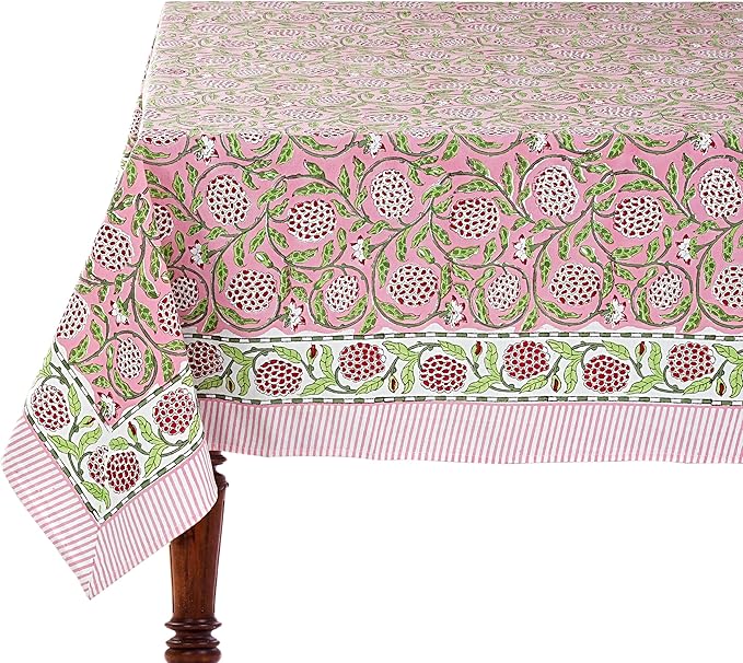 Ridhi Strawberry Pink Hand Block Print Cotton Rectangle Tablecloth 160 x 72 inch-Reusable Table Cover Decorative Everyday Use for Dining Room, Farmhouse, Thanksgiving, Christmas Wedding, Fall