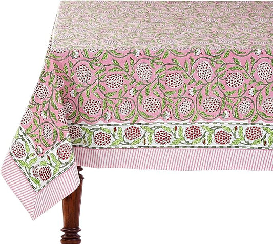 Ridhi Strawberry Pink Hand Block Print Cotton Rectangle Tablecloth 140 x 72 inch-Reusable Table Cover Decorative Everyday Use for Dining Room, Farmhouse, Thanksgiving, Christmas Wedding, Fall