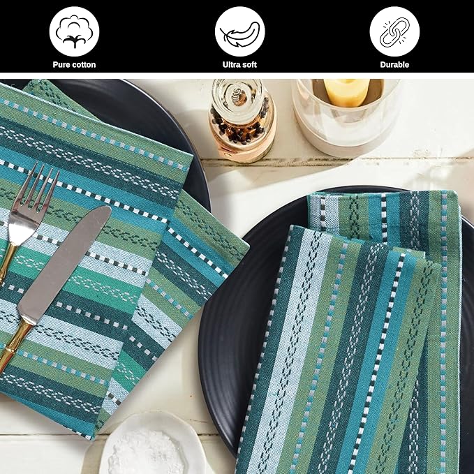 Bedding Craft Cotton Cloth Dinner Napkins Set of 12 – 18x18 Green Multi Salsa Stripe – Durable Machine Washable Fabric Napkins for Weddings, Restaurants, Kitchen & Everyday Dining