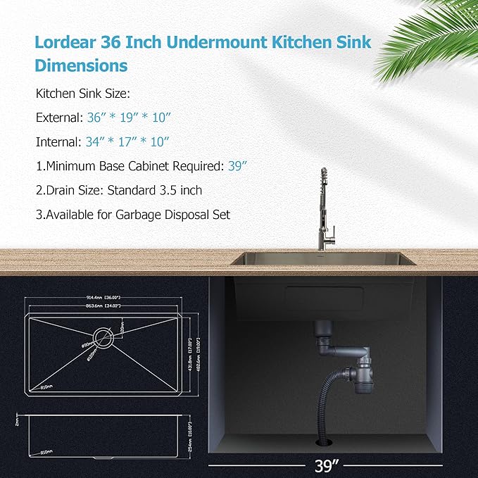 Lordear 36 inch Undermount Kitchen Sink 16 Gauge Large Stainless Steel Single Bowl Under Counter Kitchen Sinks Deep Basin 36x19x10 Inch Handmade