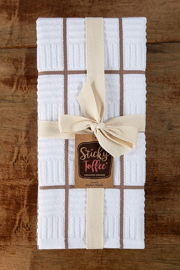 Sticky Toffee Cotton Kitchen Towels Set of 4, Brown and White, 28 x 16 in, Absorbent Reusable Hand and Dish Towels, Tea Towels, Oeko-Tex Cotton