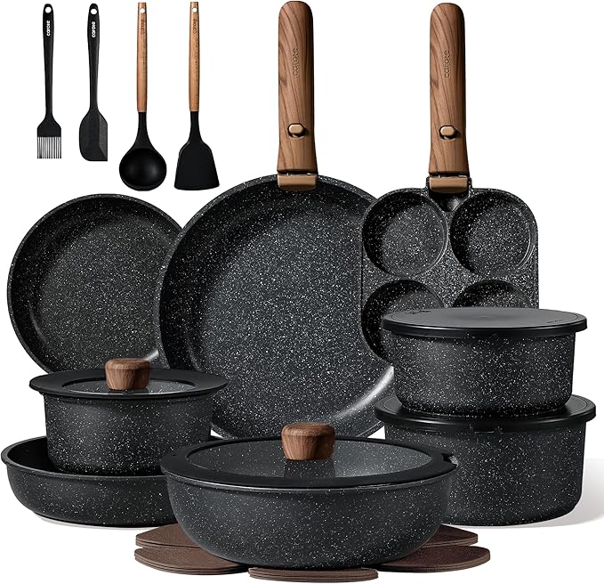 CAROTE 25pcs Pots and Pans Set Non Stick, Cookware Sets, Kitchen Set, Oven/Dishwasher/Fridge Safe, Space Saving Pots Set, Nonstick Set with Versatile Detachable Handle, Induction RV Set, Black