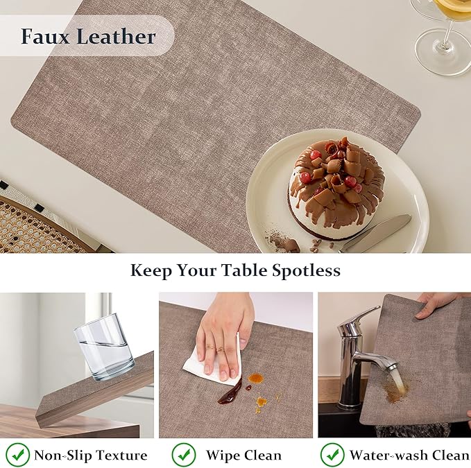 FROMHEART Faux Leather Placemats Set of 12–Waterproof,Heat/Oil Stain-Resistant PU Table Mat–Reversible,Non-Slip,Easy to Clean Place Mats for Kitchen,Dining,Indoor/Outdoor,(Dark Coffee,11.8" x 17")