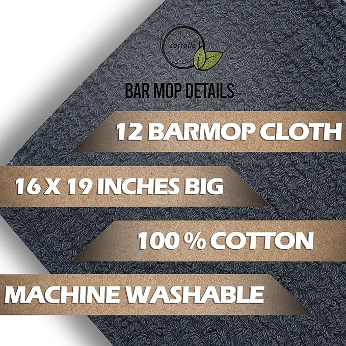 Softolle Cotton Bar Mop Towels, Pack of 12, 16x19 Inches, Super Absorbent, Multi-Purpose for Home, Kitchen and Bar Cleaning, Grey-Black