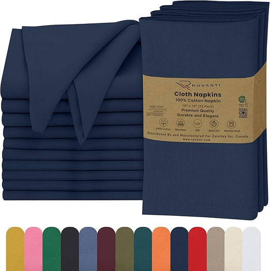 Ruvanti Cloth Napkins Set of 12, 18x18 Inches, 100% Cotton, Washable, Soft & Absorbent, Perfect for Wedding, Christmas, ‎Thanksgiving Dinners - Pageant Blue