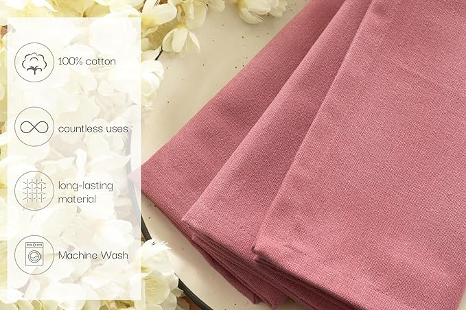 PurpleEssences Set of 12 Cloth Dinner Napkins 100% Cotton 18x18 Inch - Soft Durable Washable - Ideal for Farmhouse Party Fall Thanksgiving - Perfect Everyday Use Table Linen - Dusky Rose