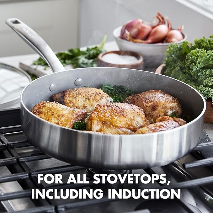 GreenPan Chatham Tri-Ply Stainless Steel 12 Piece Cookware Pots and Pans Set, PFOA and PFAS-Free, Multi Clad, Induction, Fry Saute Sauce Pans, Stock Pot, Dishwasher Safe, Oven & Broiler Safe, Silver