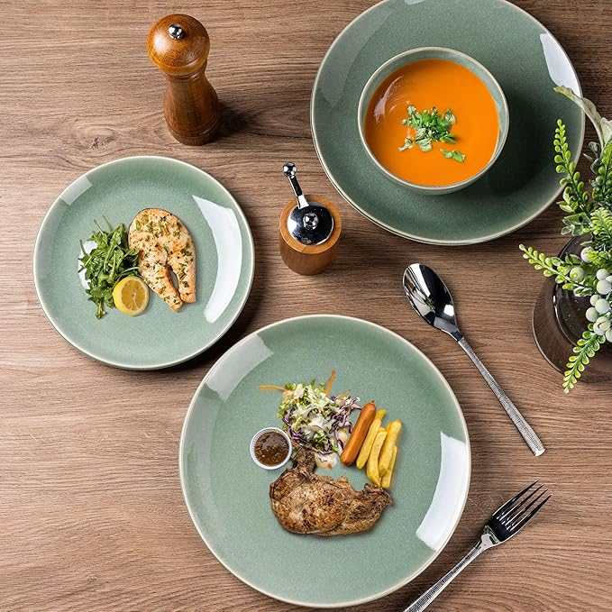 GBHOME Ceramic Dinnerware Sets for 4, 12 Pieces Stoneware Plates and Bowls Sets, Reactive Glaze Dishes -Scratch Resistant, Dishwasher&Microwave Safe-Malachite Green