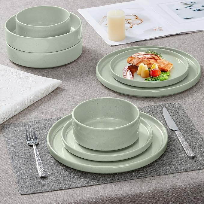 Herogo 24 Piece Plates and Bowls Set, Kitchen Dinnerware Sets with Pasta Bowls, Dinner Ware Dishes Service for 6, Chip & Scratch Resistant Porcelain Kitchen Dishware, Speckled Light Green