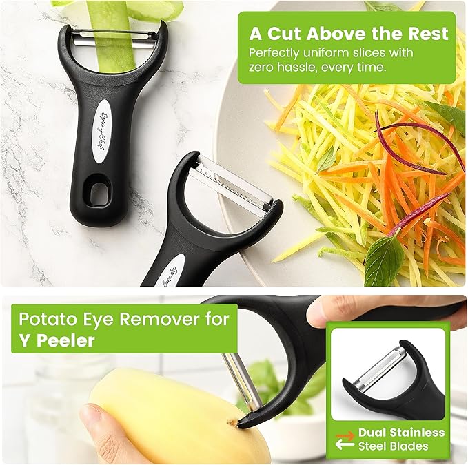 Spring Chef Premium Y & Vegetable Julienne Peeler Set for Kitchen with Stainless Steel Sharp Blades - Carrot Peelers with Comfortable Handles - Perfect for Zucchini, Cucumber, Papaya, Potato - Black