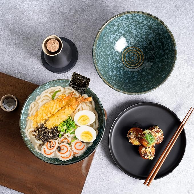 NUTRIUPS 8 Inch Ceramic Ramen Bowl Set of 2 Pho Bowls Japanese Noodle Udon Soup Bowls with Spoons and Chopsticks (Emerald)